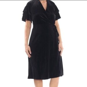 Maison Jules Women's Black V Neck Velvet Wrap Ruffle Sleeve Dress M